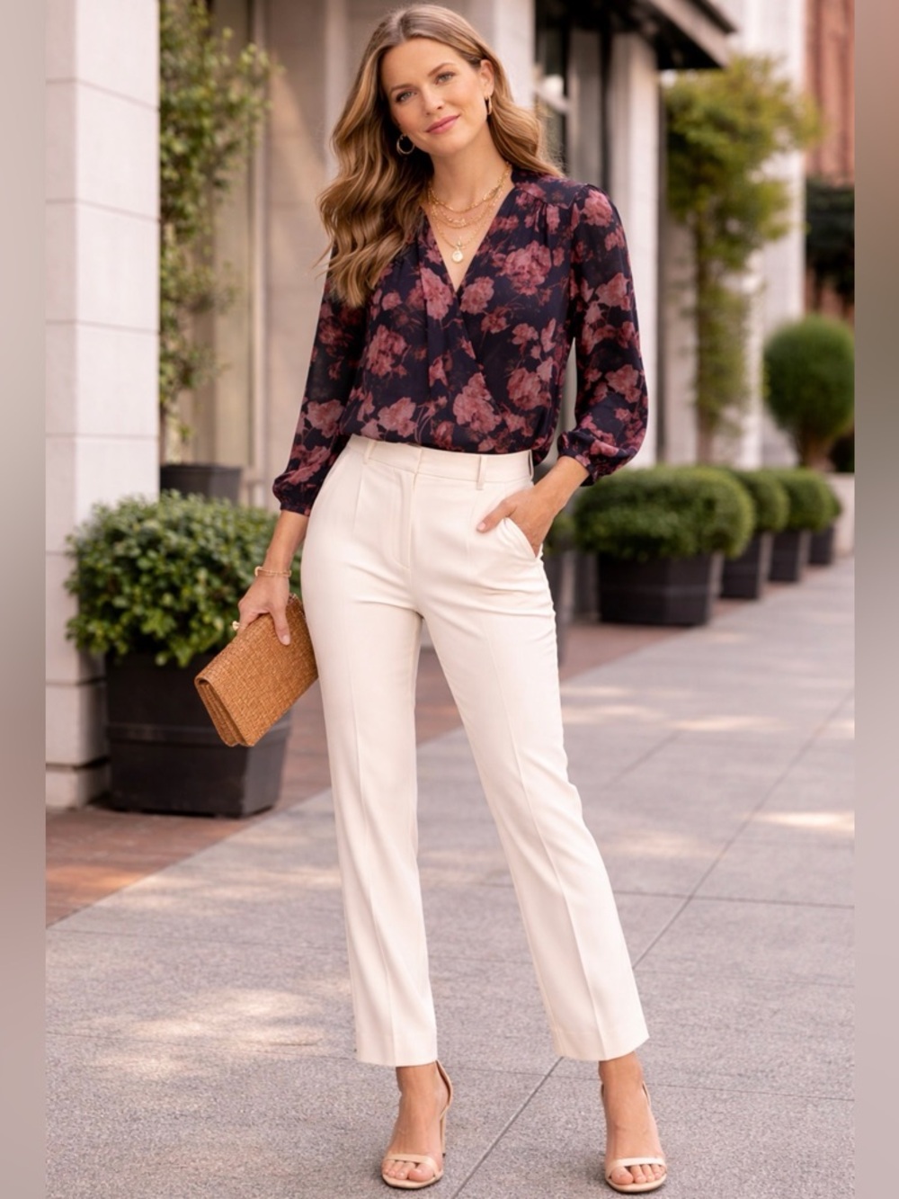 Vince Camuto Draped Floral Blouse | Navy Coral | Chic Top